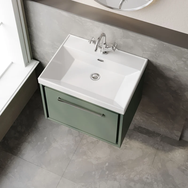 Lille 600mm Wall Hung 1 Drawer Vanity Unit & Thin Edge Ceramic Basin - Fern Green Matt