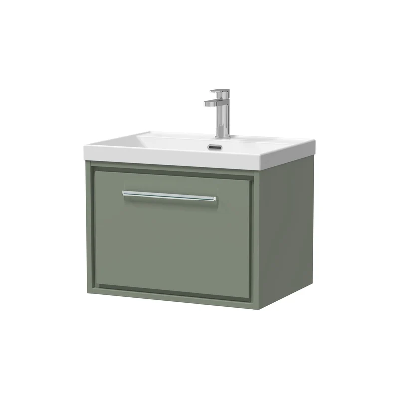 Lille 600mm Wall Hung 1 Drawer Vanity Unit & Thin Edge Ceramic Basin - Fern Green Matt