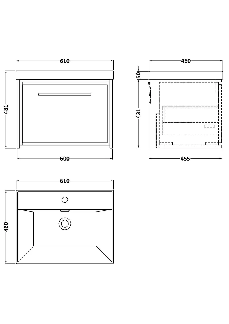 Lille 600mm Wall Hung 1 Drawer Vanity Unit & Thin Edge Ceramic Basin - Fern Green Matt