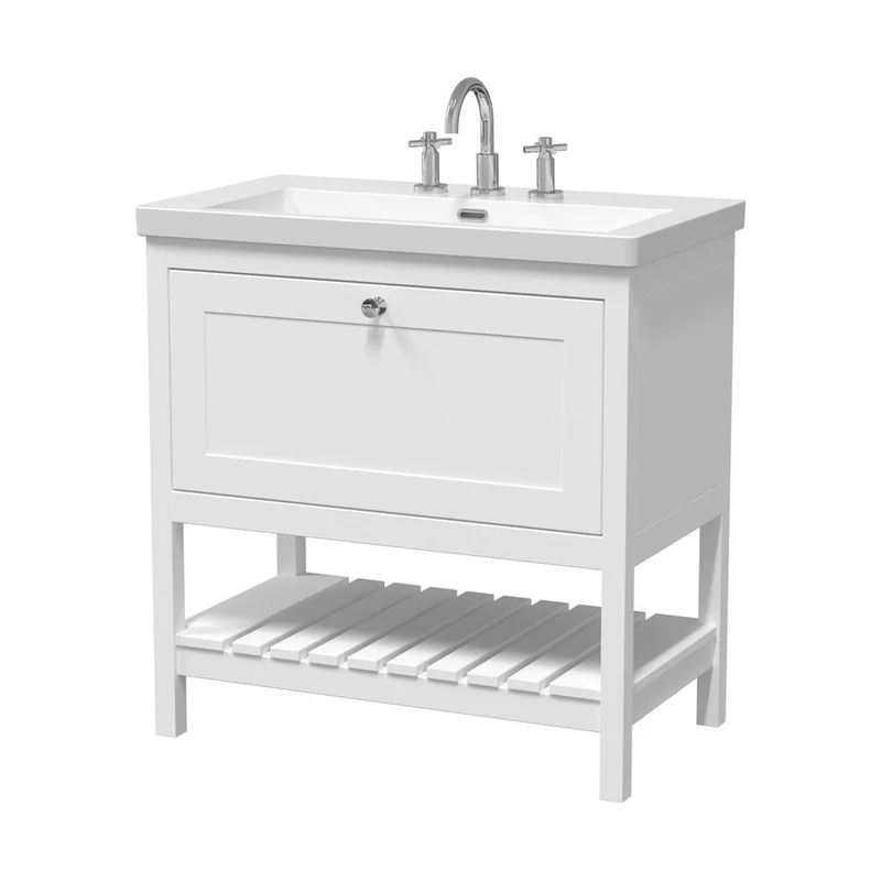Hudson Reed Bexley 800mm Floor Standing Vanity & Basin 3th Trad Pure White Fireclay,MDF Vinyl Smooth Matt 845x813x462mm