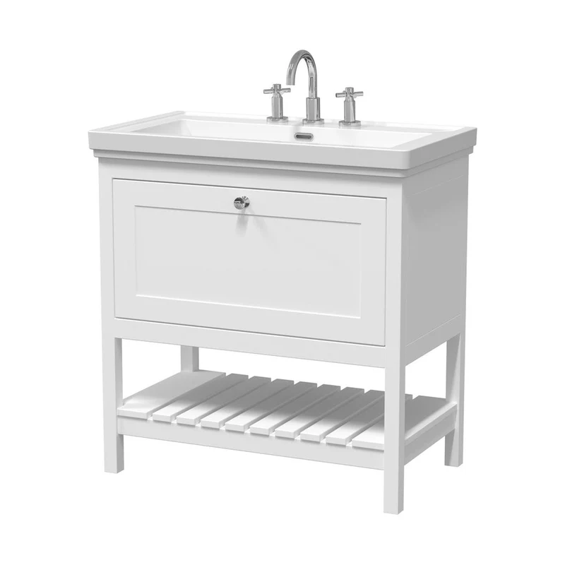 Hudson Reed Bexley 800mm Floor Standing Vanity & Basin 3th Trad Pure White Fireclay,MDF Vinyl Smooth Matt 865x830x470mm