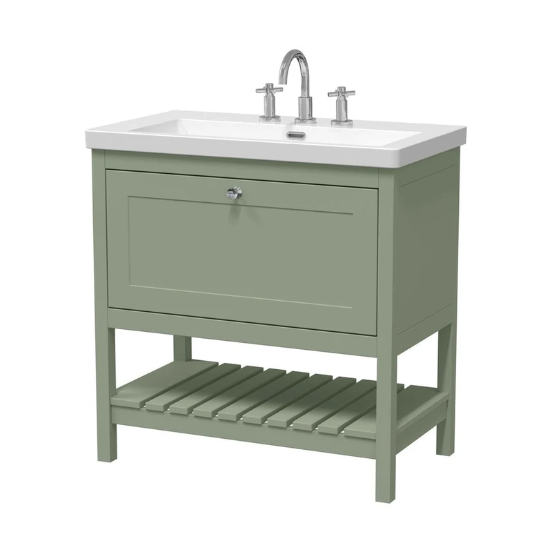 Hudson Reed Bexley 800mm Floor Standing Vanity & Basin 3th Trad Fern Green Fireclay,MDF Vinyl Smooth Matt 845x813x462mm