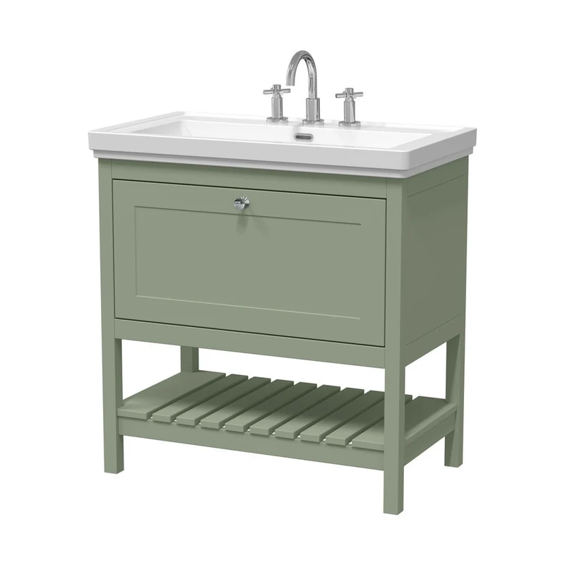 Hudson Reed Bexley 800mm Floor Standing Vanity & Basin 3th Trad Fern Green Fireclay,MDF Vinyl Smooth Matt 865x830x470mm