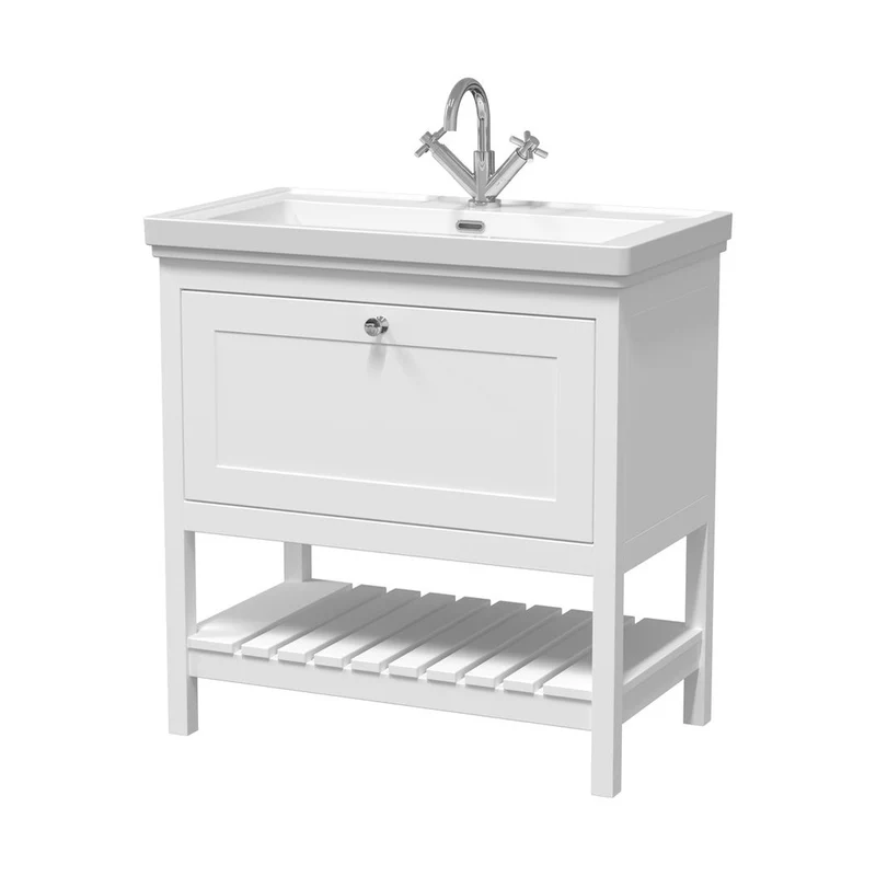 Hudson Reed Bexley 800mm Floor Standing Vanity & Basin 1th Trad Pure White Fireclay,MDF Vinyl Smooth Matt 865x830x470mm