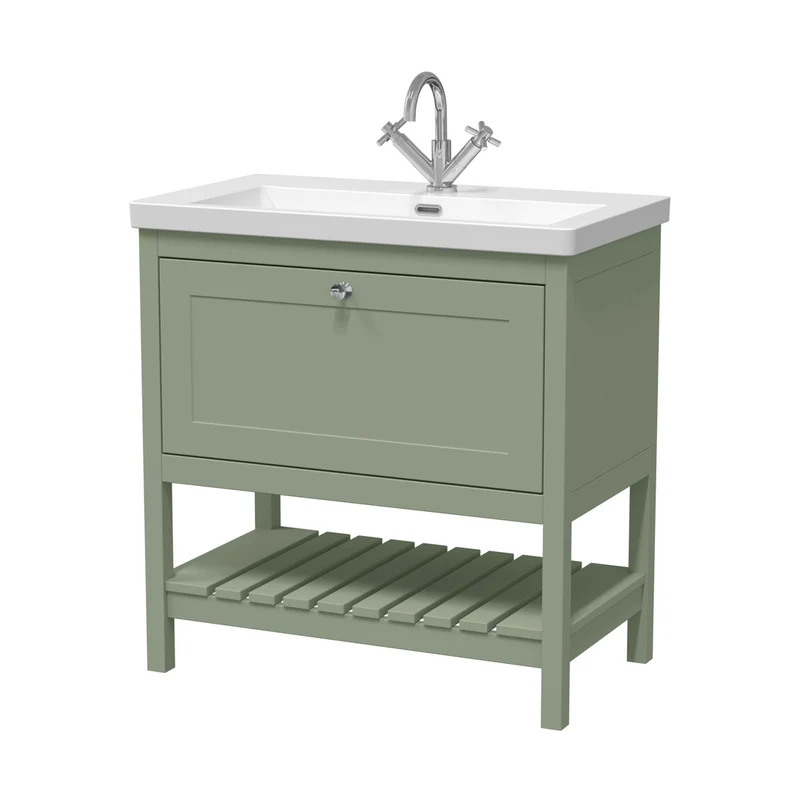 Hudson Reed Bexley 800mm Floor Standing Vanity & Basin 1th Trad Fern Green Fireclay,MDF Vinyl Smooth Matt 845x813x462mm