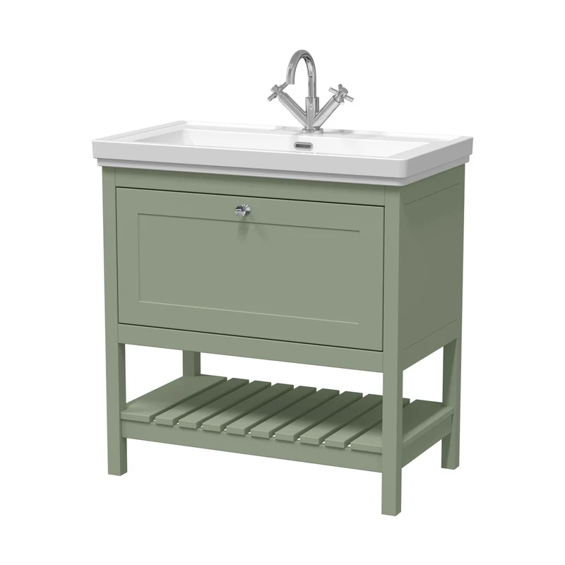 Hudson Reed Bexley 800mm Floor Standing Vanity & Basin 1th Trad Fern Green Fireclay,MDF Vinyl Smooth Matt 865x830x470mm