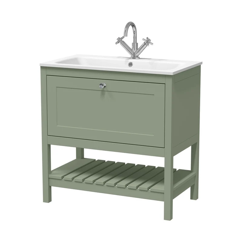 Hudson Reed Bexley 800mm Floor Standing Drawer & Stone Basin 1th Trad Fern Green MDF Vinyl Smooth Matt,stone 816x810x460mm - BEX827P