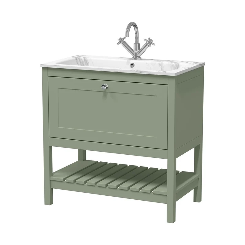 Hudson Reed Bexley 800mm Floor Standing Drawer & Stone Basin 1th Trad Fern Green MDF Vinyl Smooth Matt,stone 816x810x460mm - BEX827Q