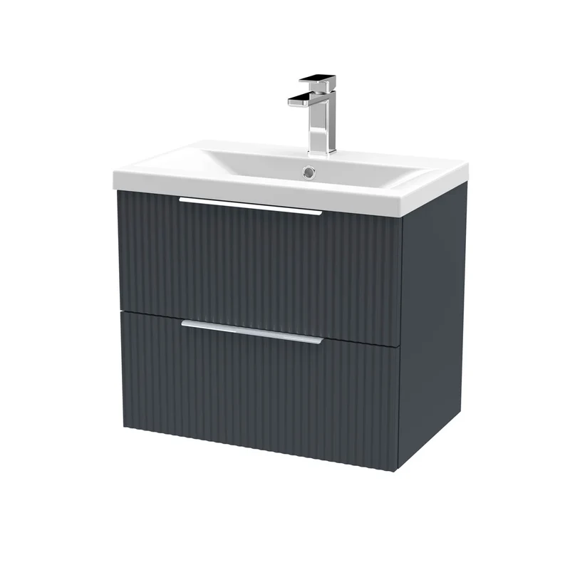 Hudson Reed Fluted 600mm Wall Hung 2 Drawer Vanity Unit & Basin - Satin Anthracite