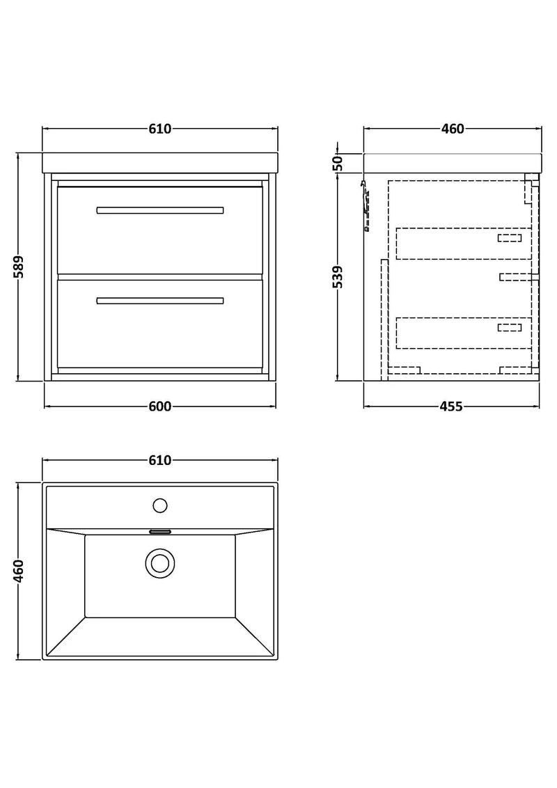Lille 600mm Wall Hung 2 Drawer Vanity Unit & Thin Edge Ceramic Basin - Coastal Grey Matt