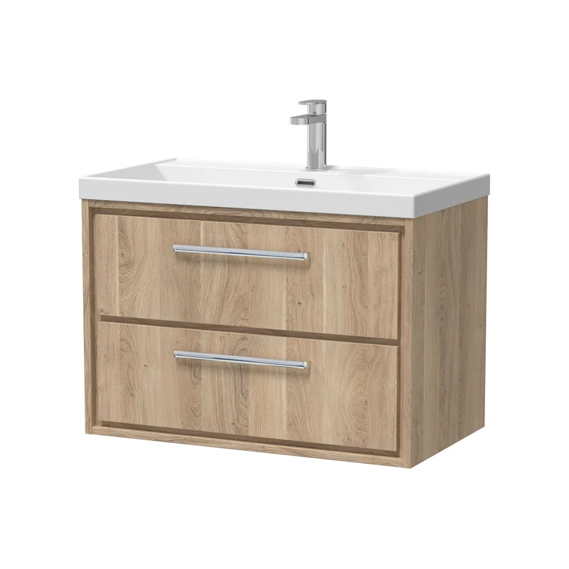 Lille 800mm Wall Hung 2 Drawer Vanity Unit & Thin Edge Ceramic Basin - Bleached Oak Woodgrain
