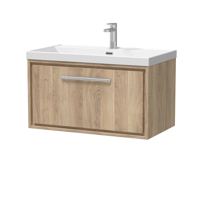Lille 800mm Wall Hung 1 Drawer Vanity Unit & Thin Edge Ceramic Basin - Bleached Oak Woodgrain