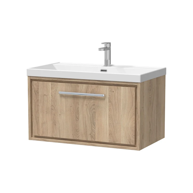 Lille 800mm Wall Hung 1 Drawer Vanity Unit & Thin Edge Ceramic Basin - Bleached Oak Woodgrain
