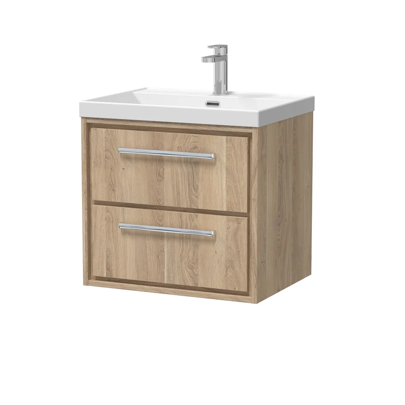 Lille 600mm Wall Hung 2 Drawer Vanity Unit & Thin Edge Ceramic Basin - Bleached Oak Woodgrain