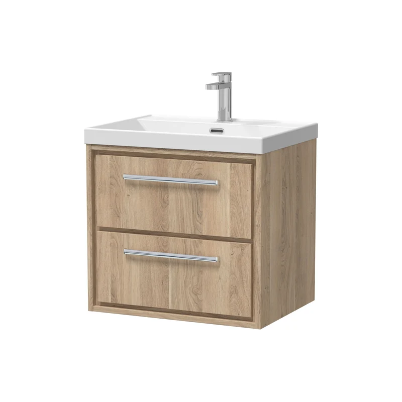 Lille 600mm Wall Hung 2 Drawer Vanity Unit & Thin Edge Ceramic Basin - Bleached Oak Woodgrain