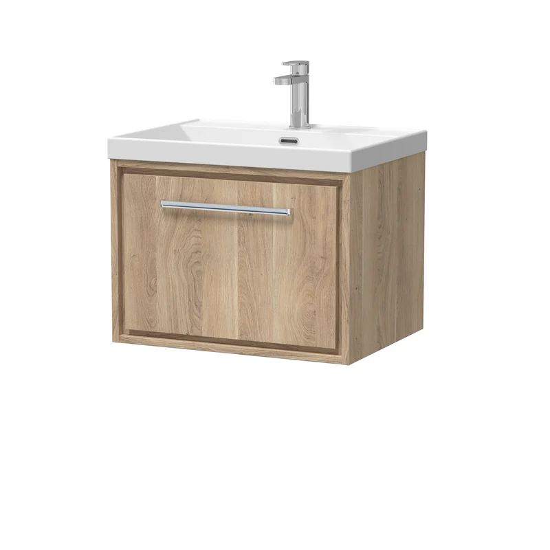 Lille 600mm Wall Hung 1 Drawer Vanity Unit & Thin Edge Ceramic Basin - Bleached Oak Woodgrain