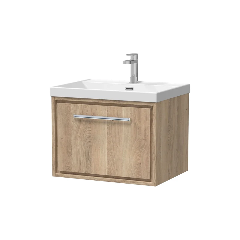 Lille 600mm Wall Hung 1 Drawer Vanity Unit & Thin Edge Ceramic Basin - Bleached Oak Woodgrain