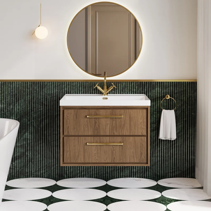 Lille 800mm Wall Hung 2 Drawer Vanity Unit & Thin Edge Ceramic Basin - Antique Oak Woodgrain