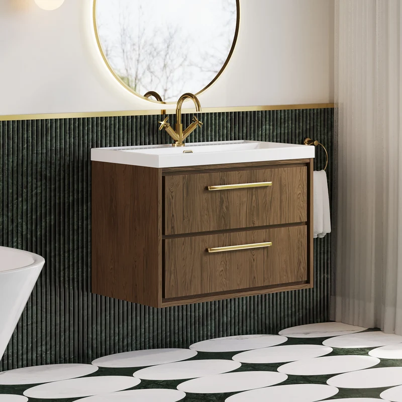 Lille 800mm Wall Hung 2 Drawer Vanity Unit & Thin Edge Ceramic Basin - Antique Oak Woodgrain