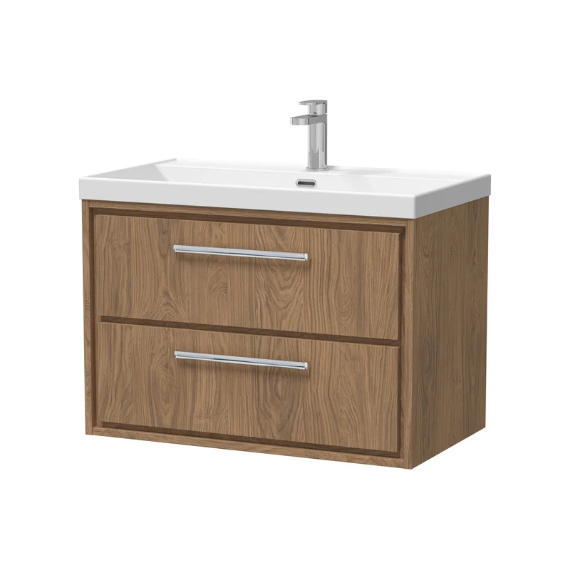 Lille 800mm Wall Hung 2 Drawer Vanity Unit & Thin Edge Ceramic Basin - Antique Oak Woodgrain