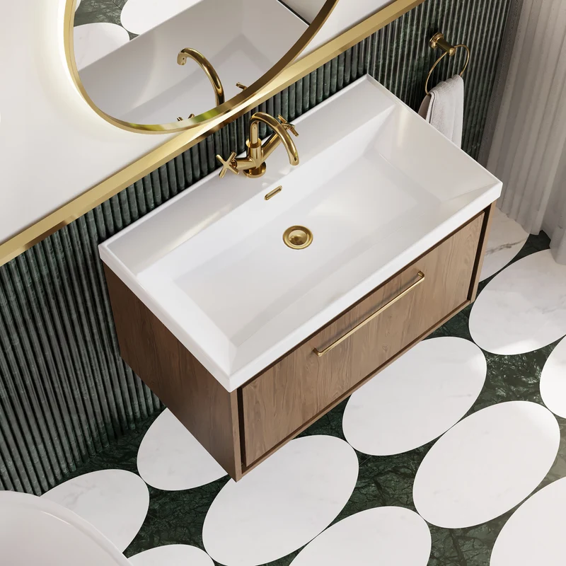 Lille 800mm Wall Hung 1 Drawer Vanity Unit & Thin Edge Ceramic Basin - Antique Oak Woodgrain