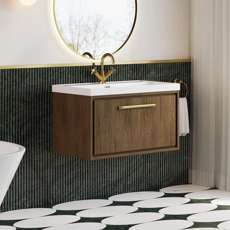 Lille 800mm Wall Hung 1 Drawer Vanity Unit & Thin Edge Ceramic Basin - Antique Oak Woodgrain