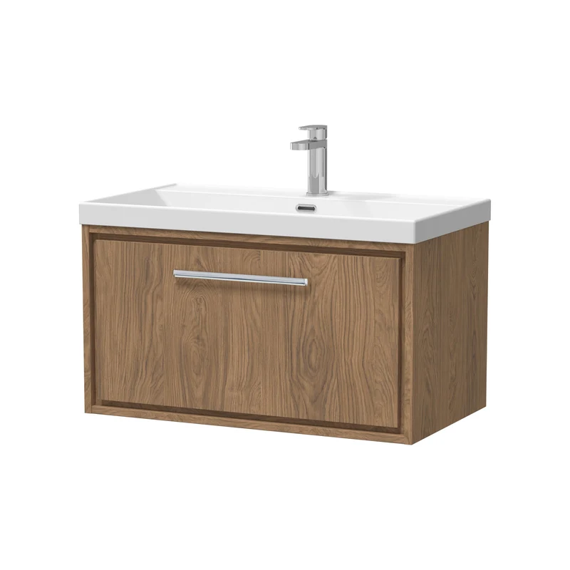 Lille 800mm Wall Hung 1 Drawer Vanity Unit & Thin Edge Ceramic Basin - Antique Oak Woodgrain