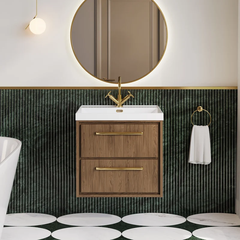 Lille 600mm Wall Hung 2 Drawer Vanity Unit & Thin Edge Ceramic Basin - Antique Oak Woodgrain