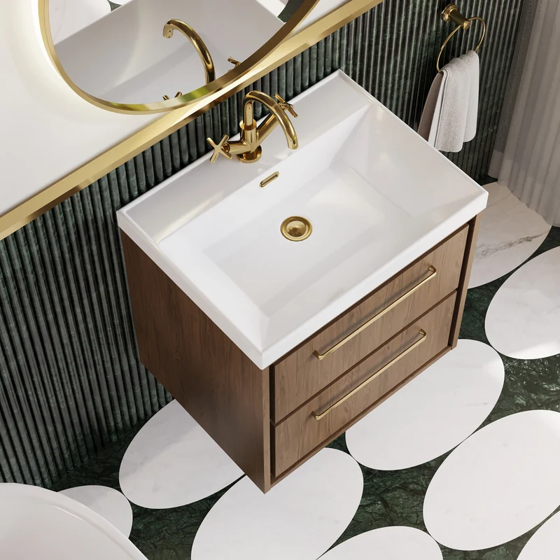Lille 600mm Wall Hung 2 Drawer Vanity Unit & Thin Edge Ceramic Basin - Antique Oak Woodgrain