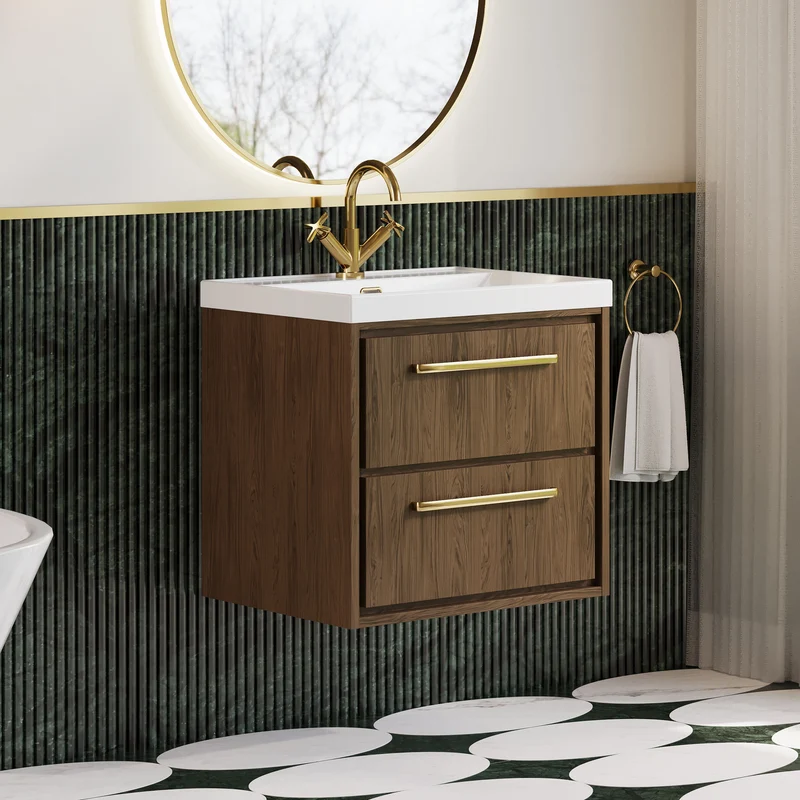 Lille 600mm Wall Hung 2 Drawer Vanity Unit & Thin Edge Ceramic Basin - Antique Oak Woodgrain