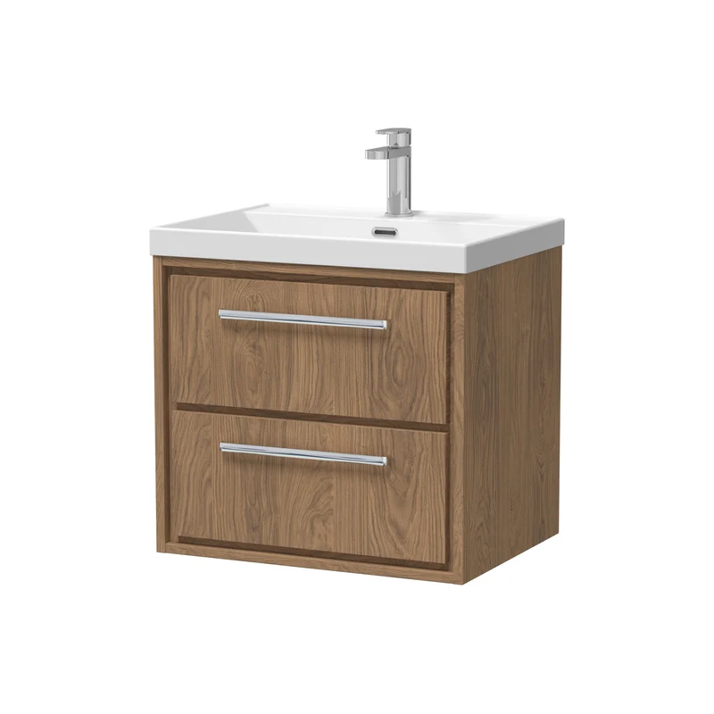 Lille 600mm Wall Hung 2 Drawer Vanity Unit & Thin Edge Ceramic Basin - Antique Oak Woodgrain