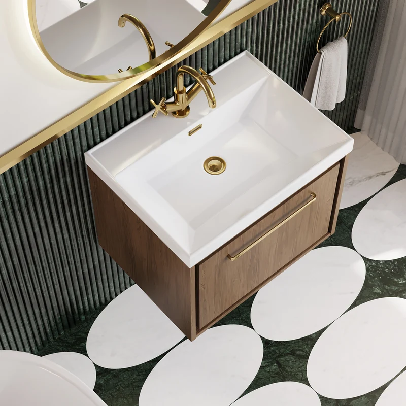 Lille 600mm Wall Hung 1 Drawer Vanity Unit & Thin Edge Ceramic Basin - Antique Oak Woodgrain