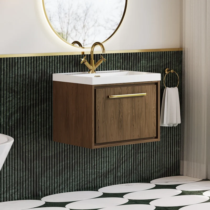 Lille 600mm Wall Hung 1 Drawer Vanity Unit & Thin Edge Ceramic Basin - Antique Oak Woodgrain