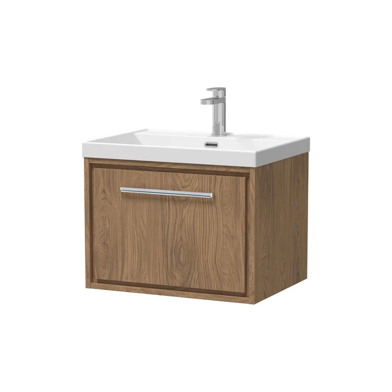 Lille 600mm Wall Hung 1 Drawer Vanity Unit & Thin Edge Ceramic Basin - Antique Oak Woodgrain