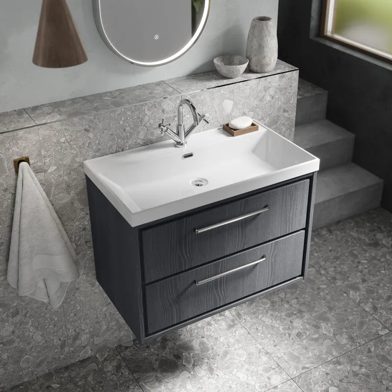 Lille 800mm Wall Hung 2 Drawer Vanity Unit & Thin Edge Ceramic Basin - Graphite Grey Woodgrain