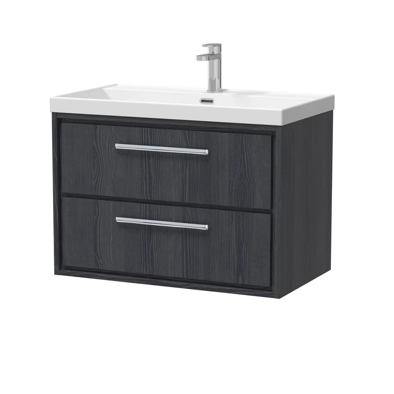 Lille 800mm Wall Hung 2 Drawer Vanity Unit & Thin Edge Ceramic Basin - Graphite Grey Woodgrain