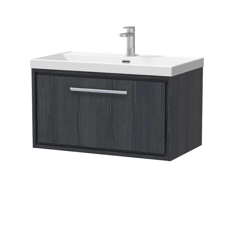 Lille 800mm Wall Hung 1 Drawer Vanity Unit & Thin Edge Ceramic Basin - Graphite Grey Woodgrain