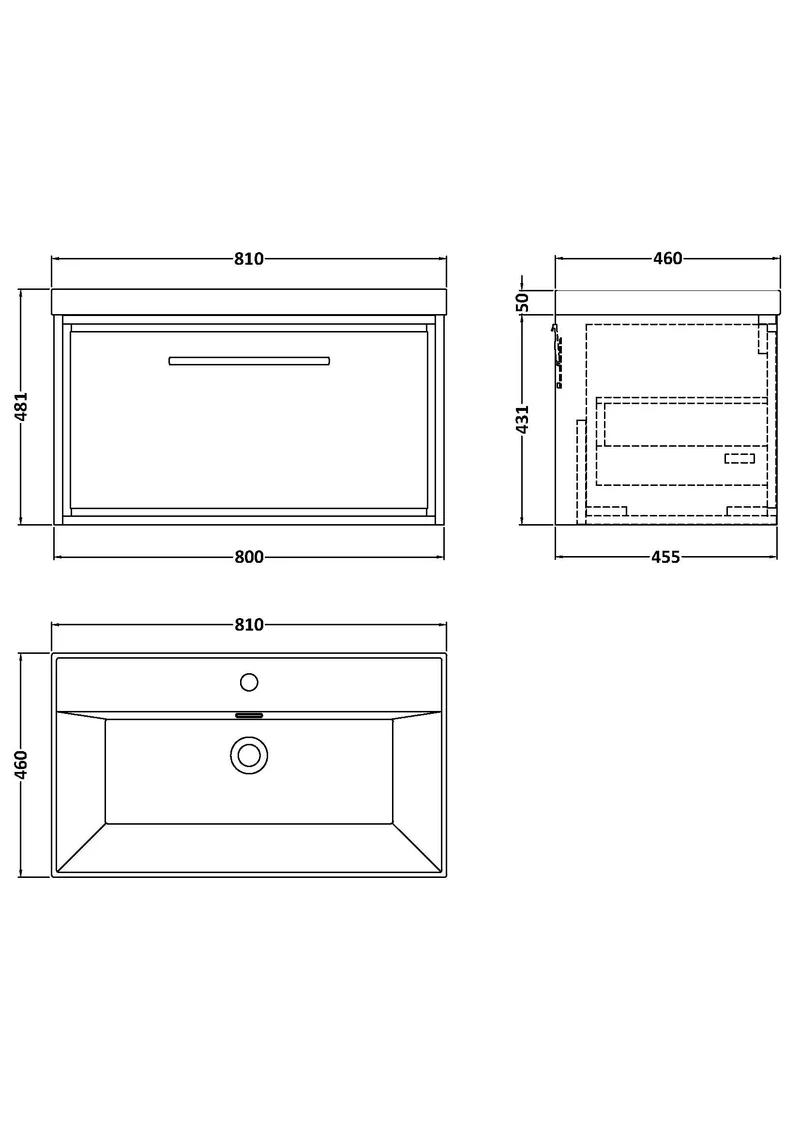 Lille 800mm Wall Hung 1 Drawer Vanity Unit & Thin Edge Ceramic Basin - Graphite Grey Woodgrain