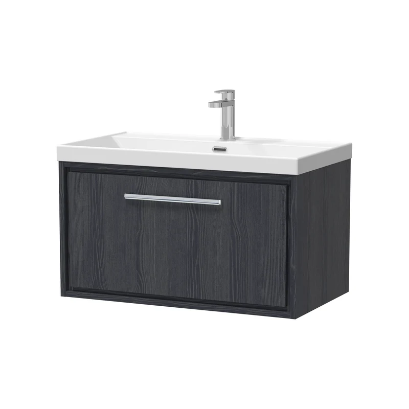 Lille 800mm Wall Hung 1 Drawer Vanity Unit & Thin Edge Ceramic Basin - Graphite Grey Woodgrain