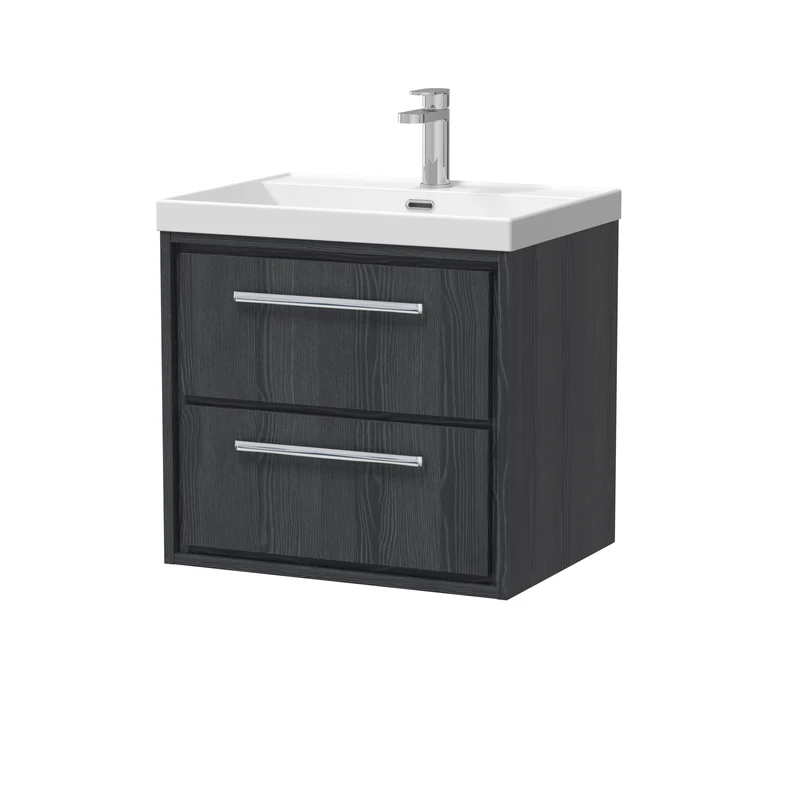Lille 600mm Wall Hung 2 Drawer Vanity Unit & Thin Edge Ceramic Basin - Graphite Grey Woodgrain