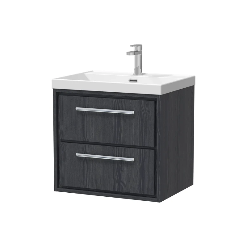 Lille 600mm Wall Hung 2 Drawer Vanity Unit & Thin Edge Ceramic Basin - Graphite Grey Woodgrain