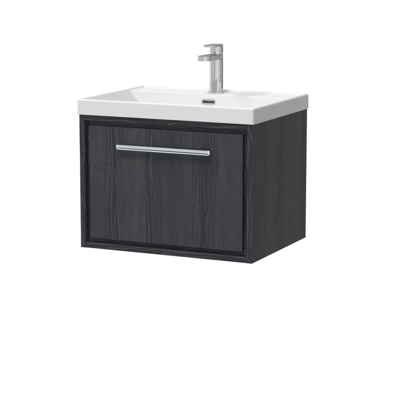 Lille 600mm Wall Hung 1 Drawer Vanity Unit & Thin Edge Ceramic Basin - Graphite Grey Woodgrain