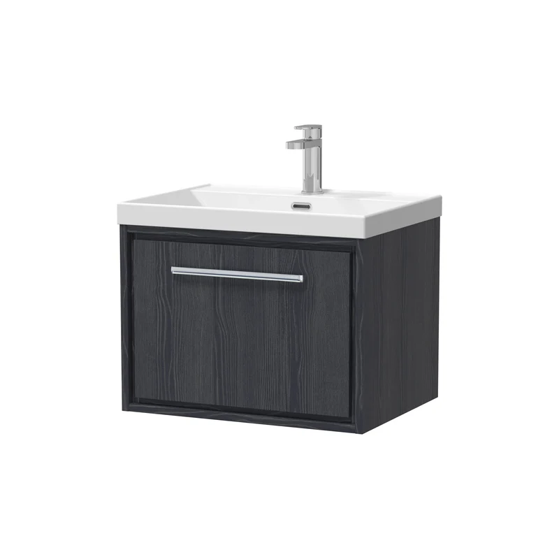 Lille 600mm Wall Hung 1 Drawer Vanity Unit & Thin Edge Ceramic Basin - Graphite Grey Woodgrain