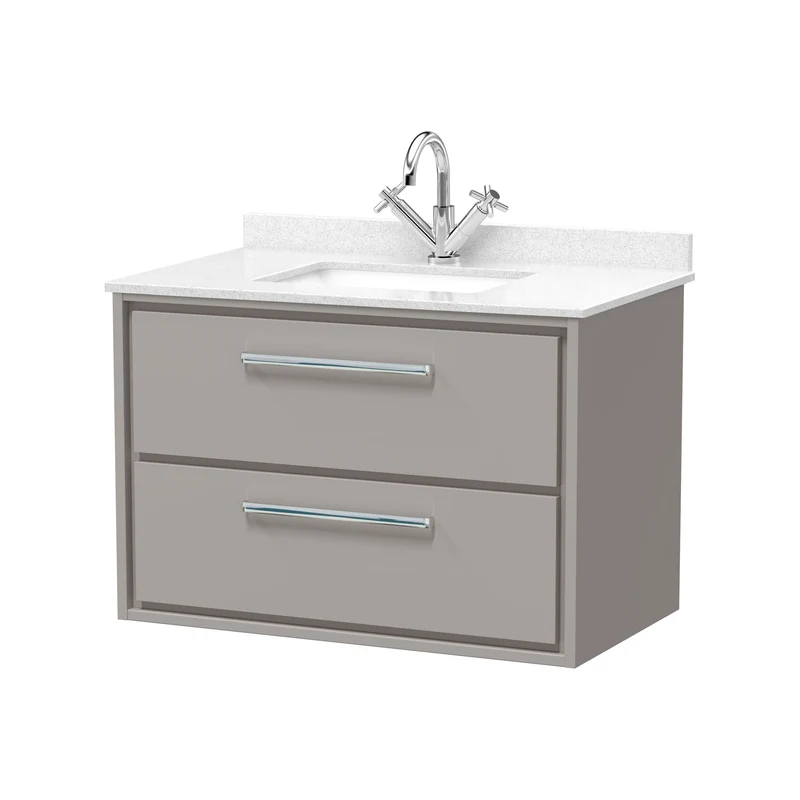 Lille 800mm Wall Hung 2 Drawer Vanity Unit & White Marble Worktop & Ceramic Bowl - Pebble Grey Matt