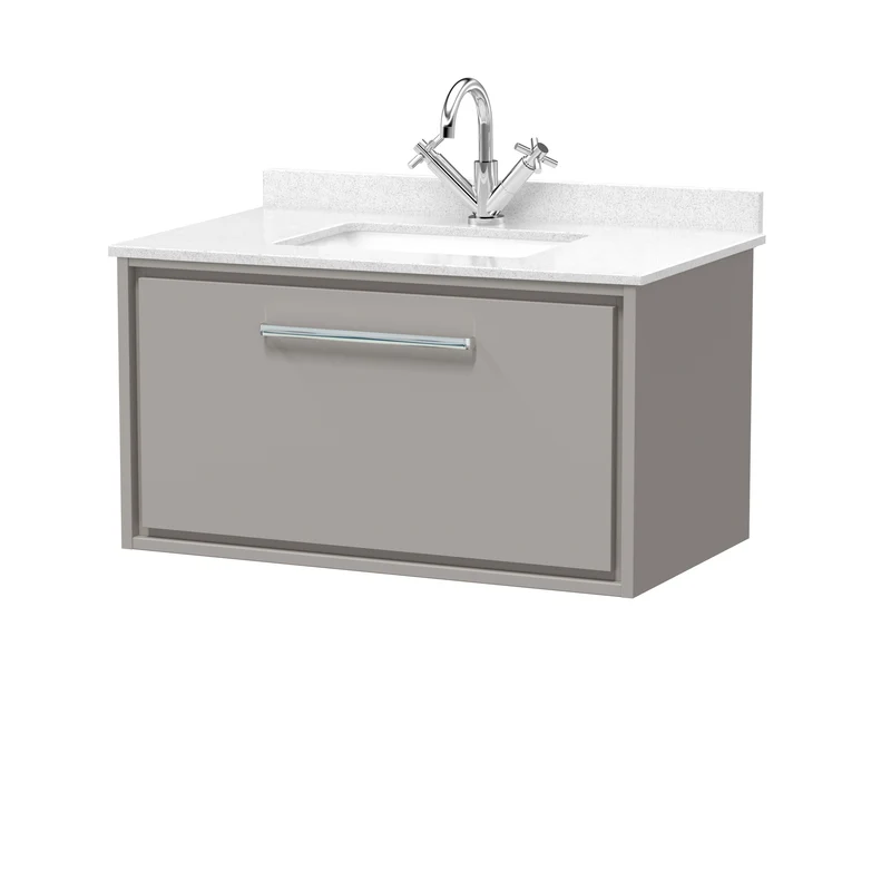 Lille 800mm Wall Hung 1 Drawer Vanity Unit & White Marble Worktop & Ceramic Bowl - Pebble Grey Matt
