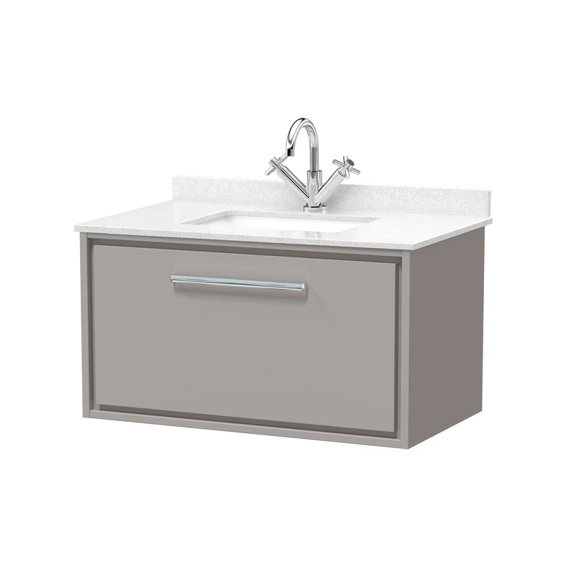 Lille 800mm Wall Hung 1 Drawer Vanity Unit & White Marble Worktop & Ceramic Bowl - Pebble Grey Matt