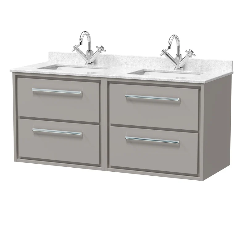 Lille 1200mm Wall Hung 4 Drawer Vanity Unit & White Marble Worktop & 2 Ceramic Bowls - Pebble Grey Matt