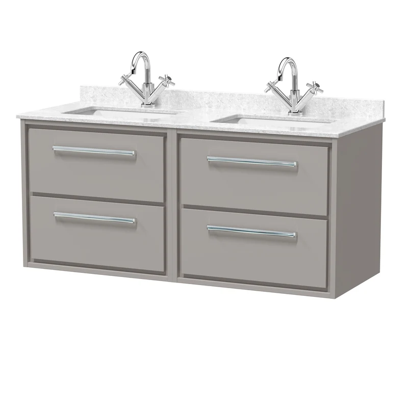 Lille 1200mm Wall Hung 4 Drawer Vanity Unit & White Marble Worktop & 2 Ceramic Bowls - Pebble Grey Matt