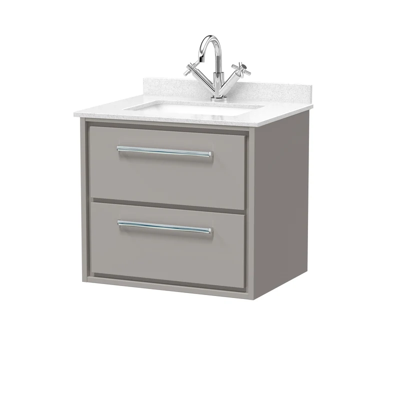Lille 600mm Wall Hung 2 Drawer Vanity Unit & White Marble Worktop & Ceramic Bowl - Pebble Grey Matt