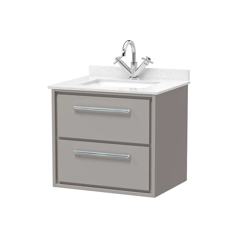 Lille 600mm Wall Hung 2 Drawer Vanity Unit & White Marble Worktop & Ceramic Bowl - Pebble Grey Matt